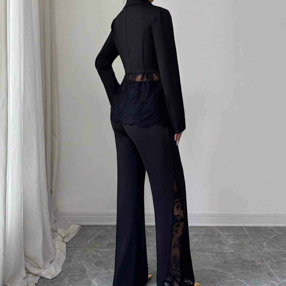 Black Casual Women's Single-Breasted Lace Patchwork Blazer & Pants Suit Set - Picture 2 of 8